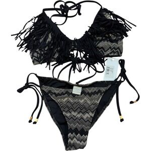 NWT‎ L Space Black Audrey Fringe Halter Swimsuit String Bikini S/M